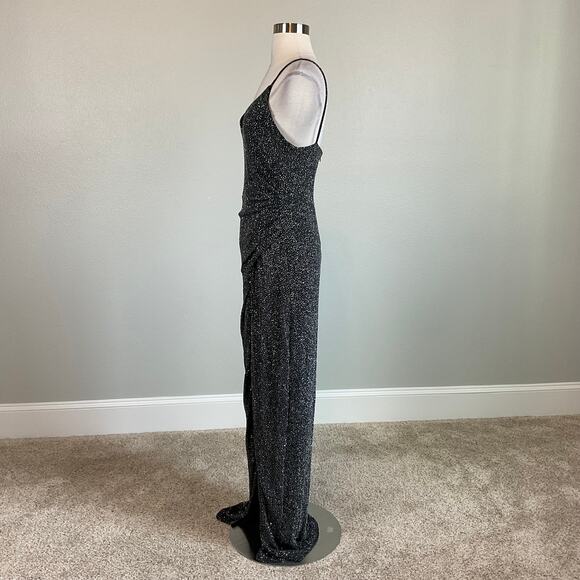 Betsy & Adam Black Metallic Column Gown Size 12 Sleeveless Thigh Slit Formal - Picture 5 of 12